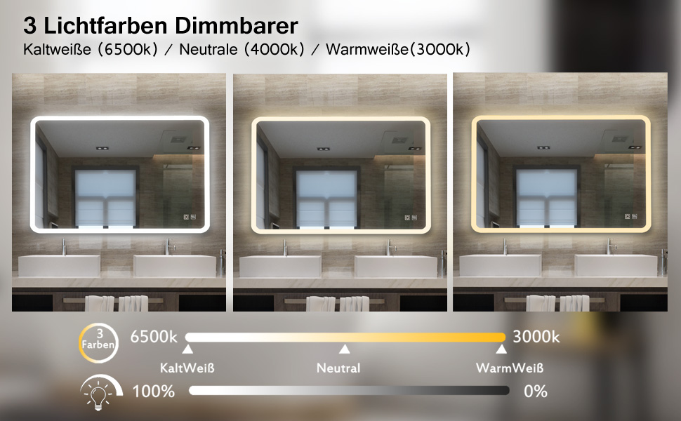 LED дзеркало для ванної кімнати з підсвічуванням 100x60 см, сенсорне регулювання, антизапар, 3 кольори світла, для ванної, туалету, коридору