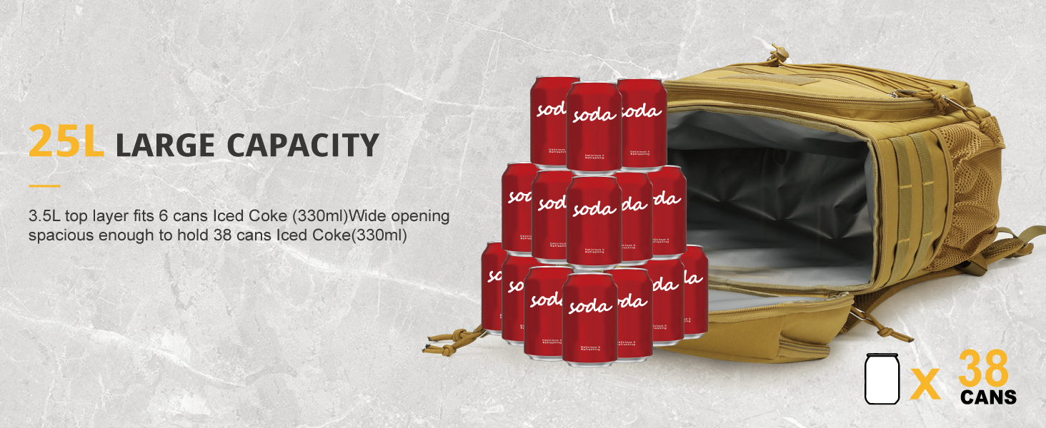 Тактичний холодильний рюкзак 25L – ізольований, водовідштовхуючий, міцний. Ідеальний для роботи, відпочинку, кемпінгу та піших прогулянок (Колір: Коричневий)