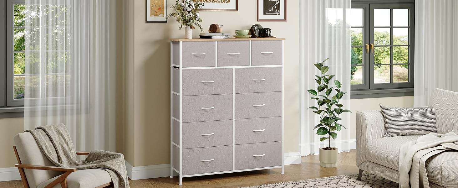 Тумбочка Somdot з висувними ящиками, тканинна тумбочка, тумбочка для спальні, вітальні, коридору, шафа з ящиками, 5 тканинних ящиків, білий колір, штучна шкіра (сірий, 30T x 100B x 118.5H см (11 ящиків))