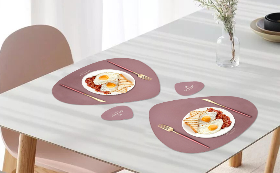 Набір підтарілок та підставки під склянку (6 шт.) з екошкіри, трикутної та овальної форми, бежевого кольору. Водостійкі, маслостійкі, термостійкі, з антиковзким покриттям.