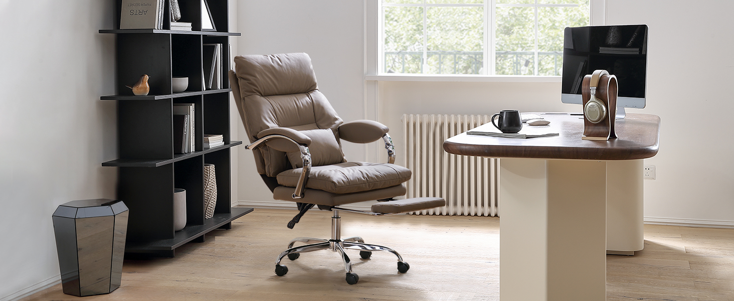 Офісний крісло EMIAH з підніжкою: ергономічний крісло для офісу та дому, з PU шкіри, підніжкою, підлокітниками та колесами. Підходить для роботи за комп'ютером та ігор. Колір: хакі. Без функції масажу.