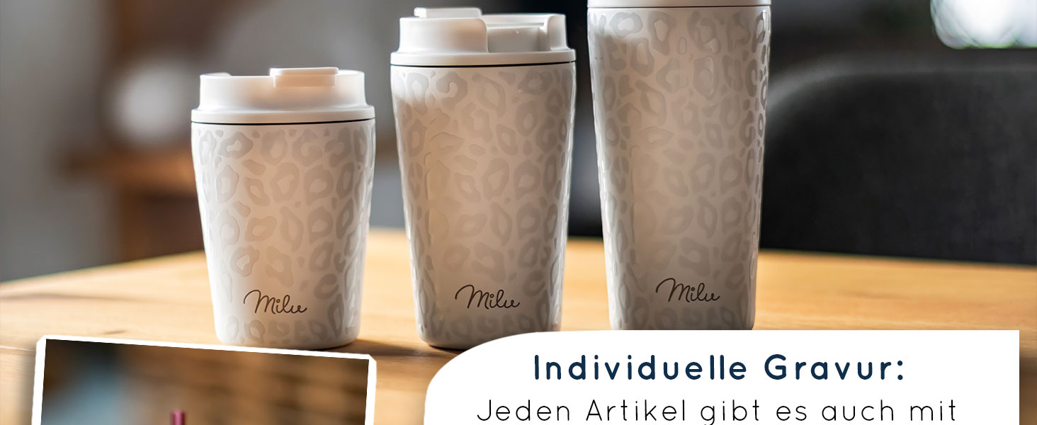 Термокружка Milu 400 мл - не протікає, з нержавіючої сталі, з трубочкою, ізольована, зберігає тепло 10 годин / холод 20 годин, без BPA (White Leopard)