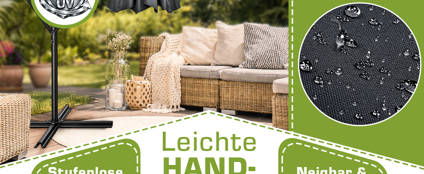 Прямокутна алюмінієва сонячна парасолька tillvex® 330 см з LED-підсвіткою, ручкою та чохлом, антрацит — підвісна садова парасолька з захистом від UV та вітру