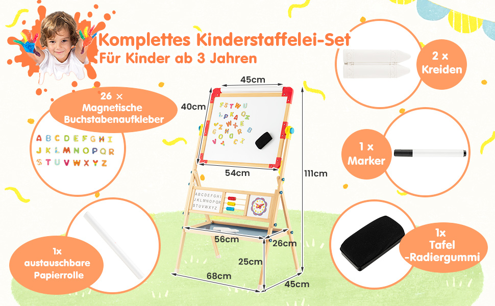 COSTWAY 3-в-1 дитяча мольберт-дошка з обертанням 360°, дерев'яний мольберт з двостороннім дощечкою, мольберт для малювання з полицею, рулон паперу, абакус, годинник та алфавіт для дітей від 3 років