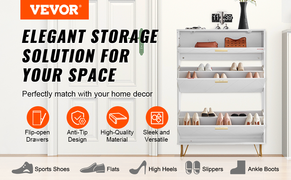 Шафа для взуття VEVOR вузька, дерев'яна, 600 x 168 x 877 мм, з верхньою полицею та 3 відкидними дверцятами, вантажопідйомність 36,28 кг, для прихожого