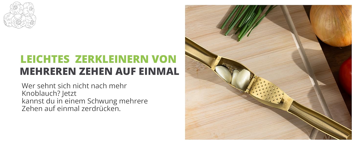 Преміум-прес для часнику Oliver's Kitchen® - зручний та легко миється - подрібнює часник та імбир без проблем (не потребує очищення) - надзвичайно міцний та зносостійкий (матова золота поверхня)