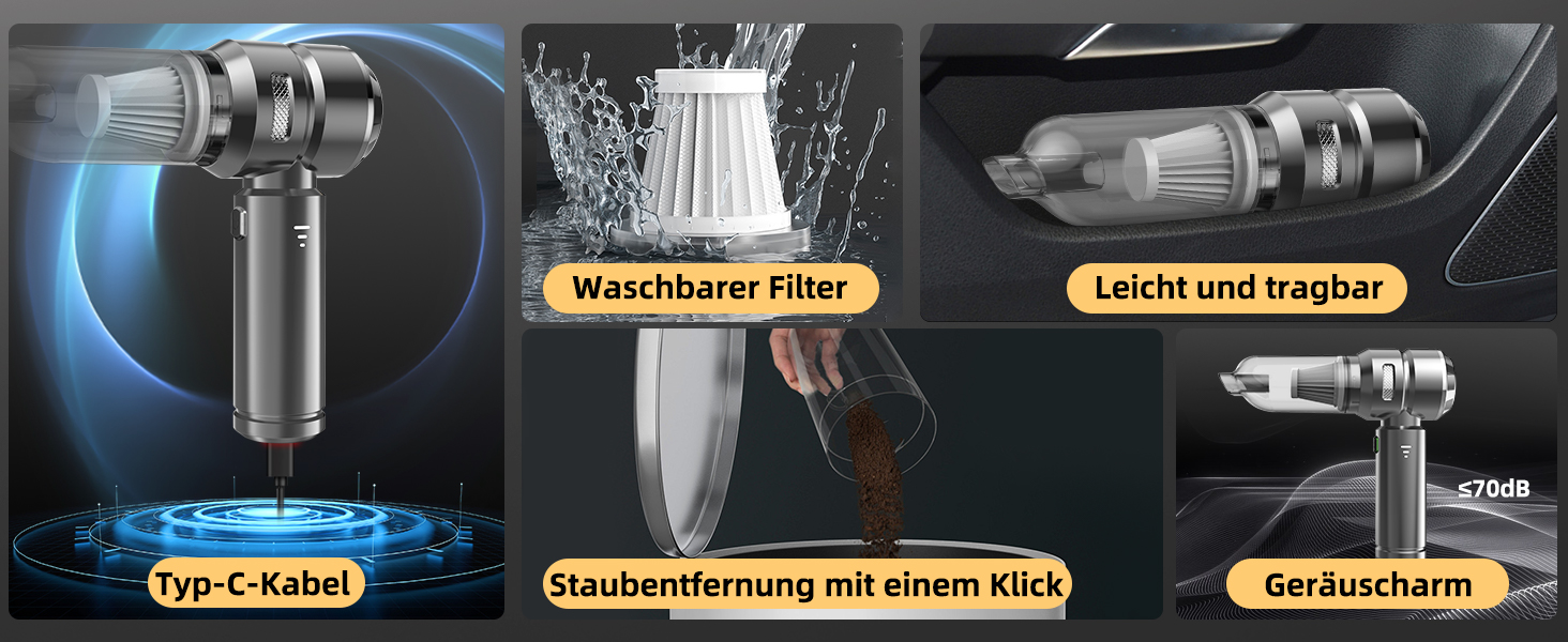 Акумуляторний ручний пилосос 26000Па 4-в-1 з безщітковим двигуном для авто, дому та шерсті тварин, 3 режими потужності, темно-сірий