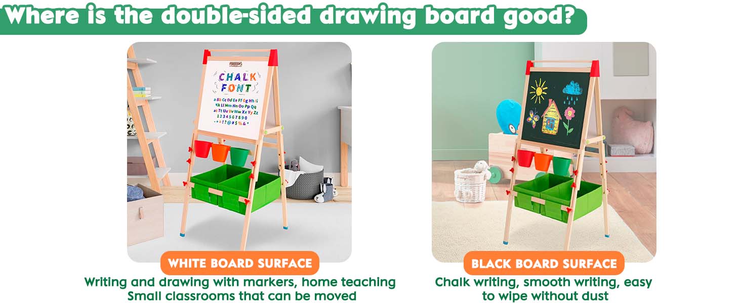 Дерев'яний мольберт Kinder для дітей з паперовою рулонкою, двостороннє Whiteboard та дошка. Регульована висота. З аксесуарами для малювання та навчання. Ідеальний подарунок для малюків.