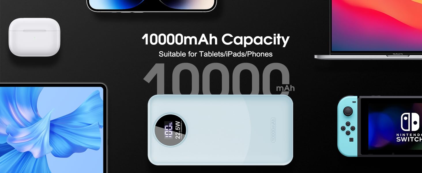 Порти, LED, для iOS/Android, синій, 10000mAh, 22.5W PD QC 3.0, USB C, 3