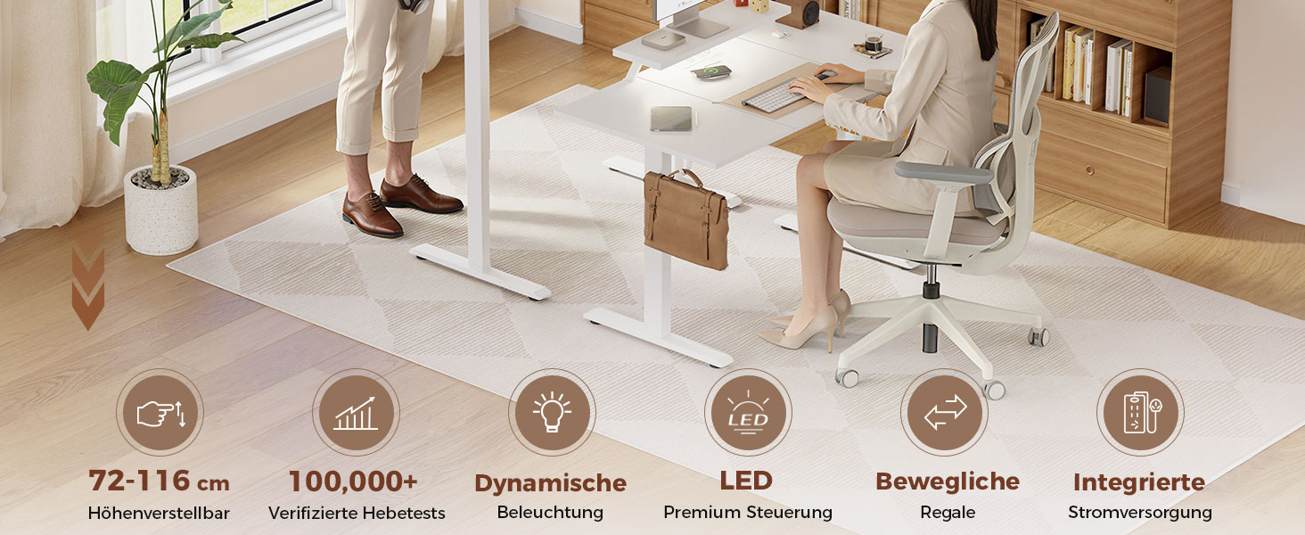 Регульований по висоті письмовий стіл Klicelor 140x60 см з LED-підсвіткою, розетками та підставкою для монітора, білий — ігровий та офісний стіл для роботи стоячи