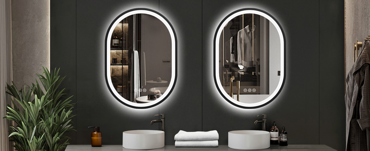 Дзеркало для ванної кімнати ChillCruiser LED круглої форми 50 см з чорною рамою, антизапар, 3 кольори, функція пам'яті