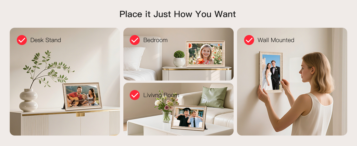 Frameo Цифровий фоторамка 10.1 дюймів, HD 1280*800 IPS сенсорний екран, 32GB пам'ять, автоповорот, Frameo App для обміну фото та відео, білий дерев'яний масив