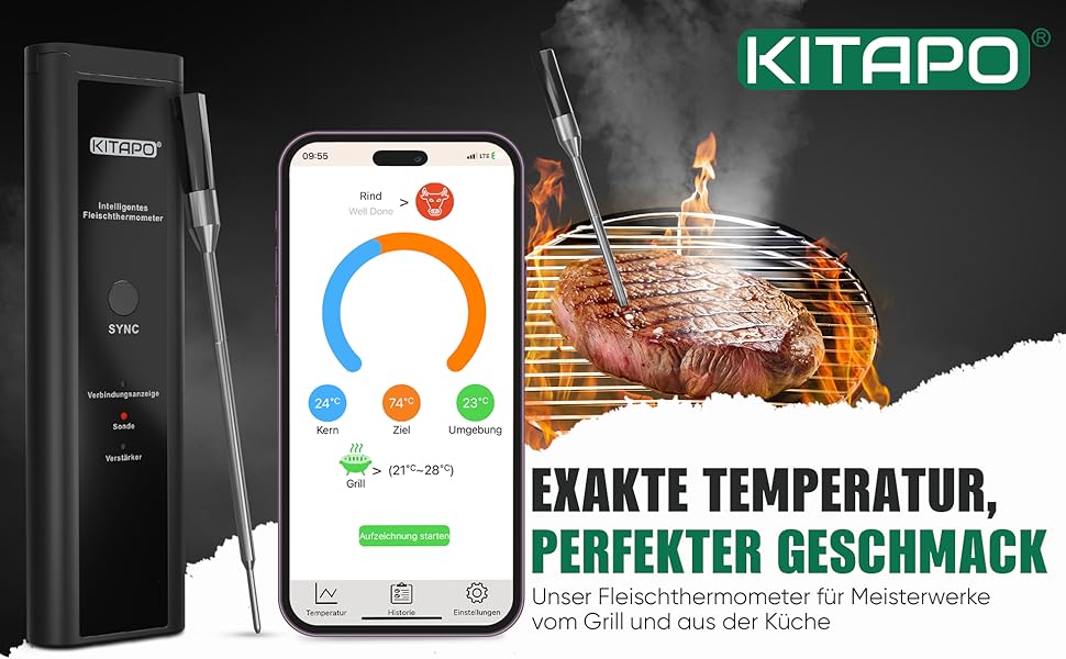 Бездротовий термометр для м'яса з додатком, термометр для гриля, розумний термометр для приготування їжі на кухні та грилі, велика дальність, стійкість до високих температур до 300°C, термометр для приготування, кухонний термометр