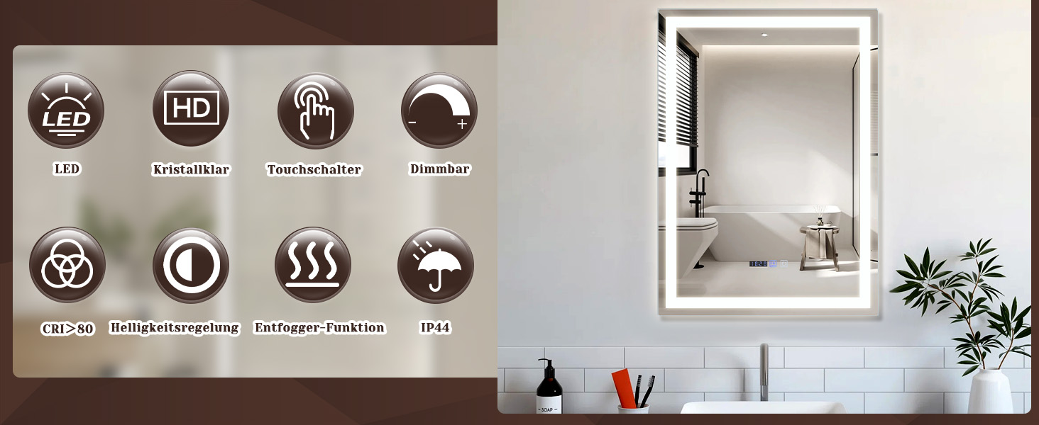 Дзеркало для ванної кімнати Mursche з підсвічуванням LED, 50x70 см, IP44, сенсорний вимикач, годинник, протитуманна функція, регулювання яскравості, 3000K-6500K, прямокутна форма