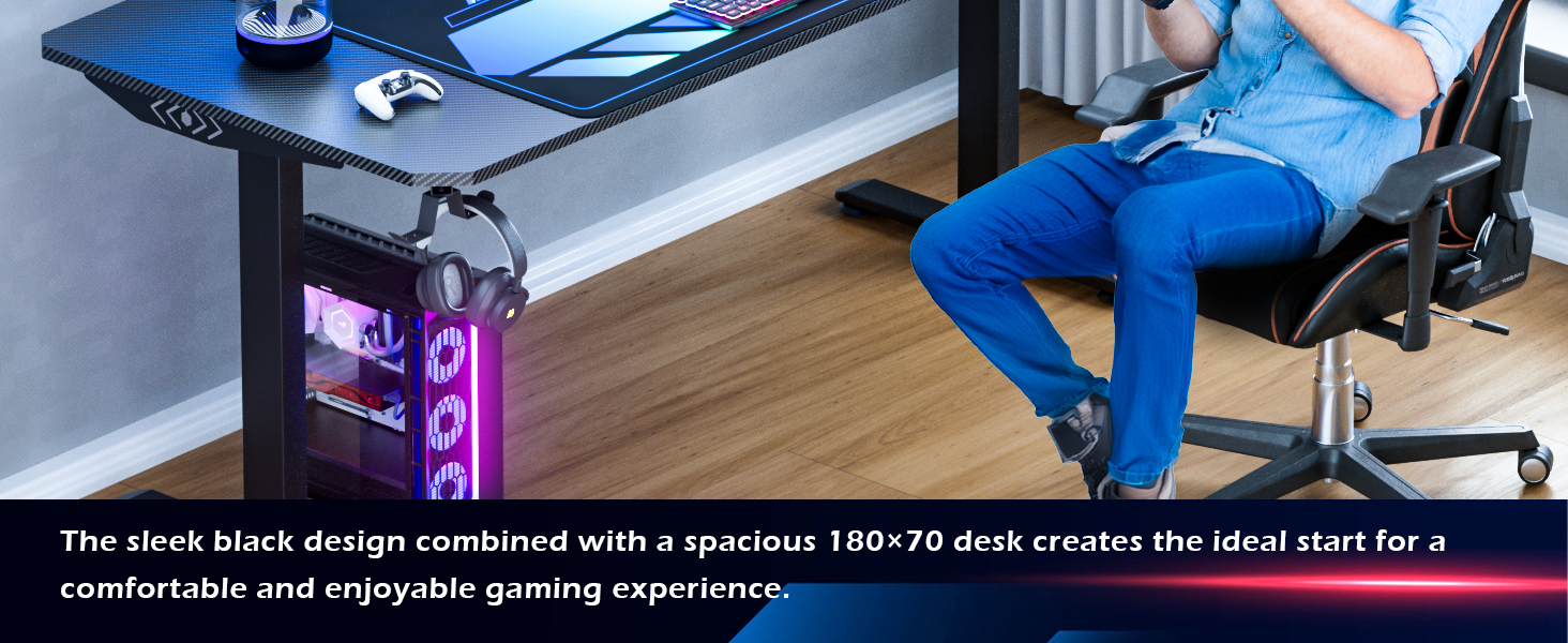 Ігровий стіл Himimi 180x70x80 см з LED підсвічуванням, стільниця з карбону, органайзер для кабелів, тримач для напоїв та кріплення для навушників (Чорний)