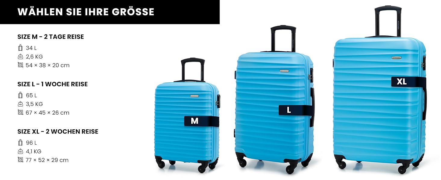 Набір валізWITTCHEN 3 в 1: велика, середня, маленька. Валізи на колесах з ABS, з кодовим замком, 4 колеса, Groove Line. Підходить для Lufthansa, Eurowings, Ryanair, Condor. (Синій, косметичка)