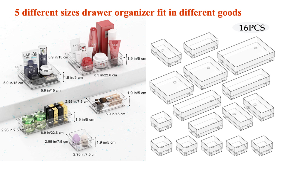 Предметів Система організації ящиків, 5 розмірів, прозорий пластик, для макіяжу, кухні, ванної кімнати, офісу, 16