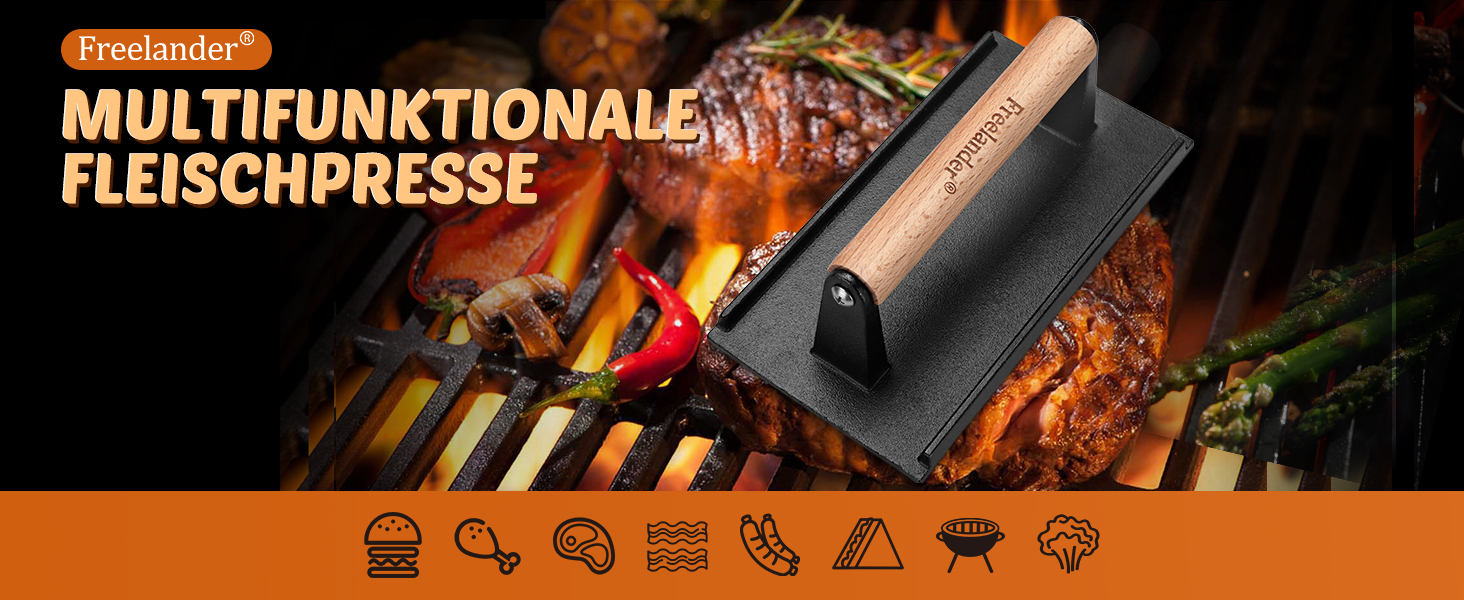 Пресс для бургерів Freelander з чавуну, набір для розчавлювання бургерів (Ø 17.6 см, 20.5 см), прес для гриля з термостійкою ручкою, великий бургерний прес для BBQ, стейків, сендвічів (чорний, прямокутний)