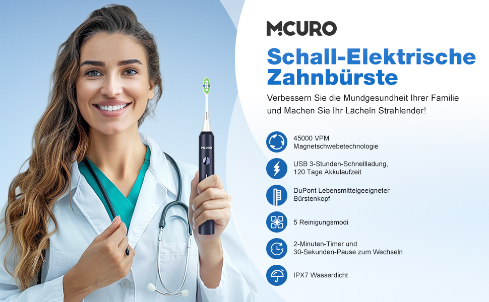 Електрична зубна щітка звукового типу, 45000 VPM, відбілювання за 1 тиждень, 120 днів роботи від акумулятора, індикатор заряду, 6 насадок DuPont, 5 режимів, таймер, (блакитна)