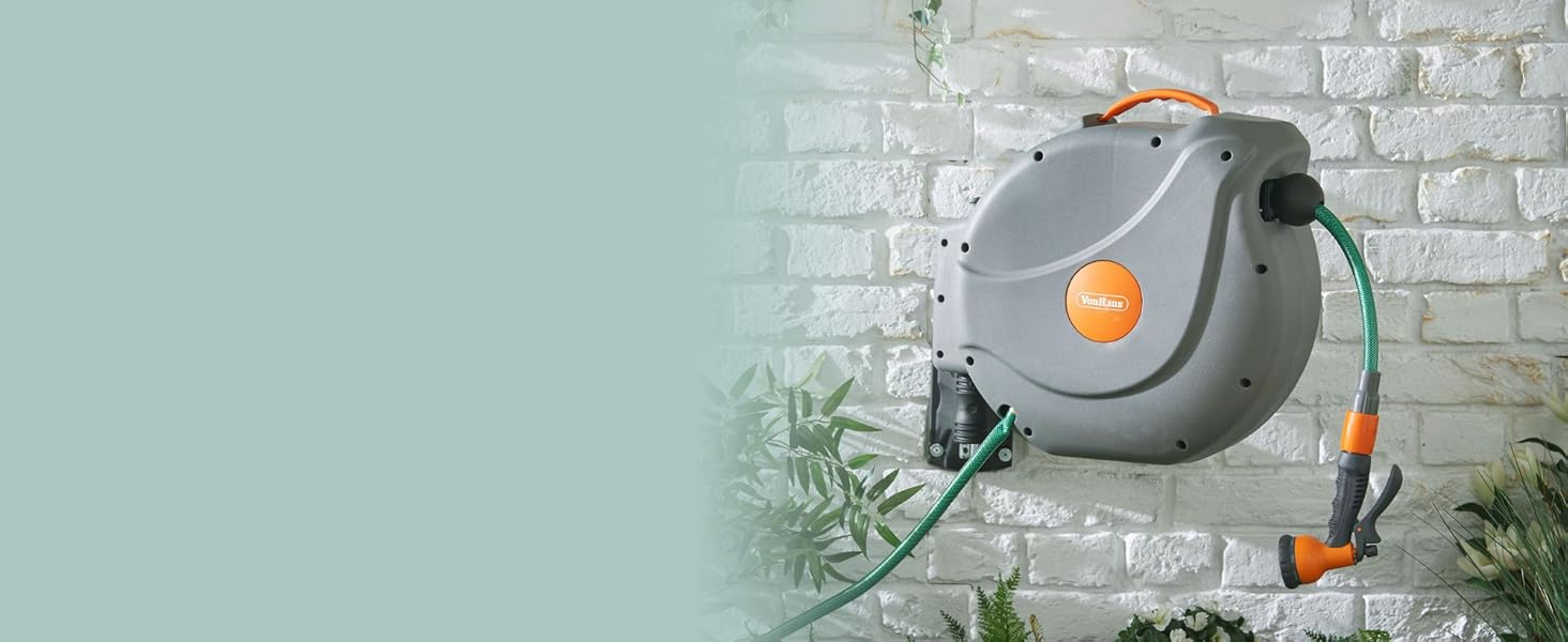 Шланговий барабан VonHaus 30м з автозмотуванням, поворотний на 180°, 8 функцій, пістолет для поливу