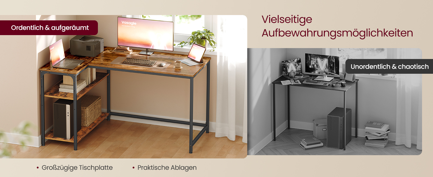 Кутовий стіл VASAGLE L-подібний для дому та офісу, комп'ютерний стіл з полицями, 120 x 80 см, вінтажний коричневий (LWD136KD01)