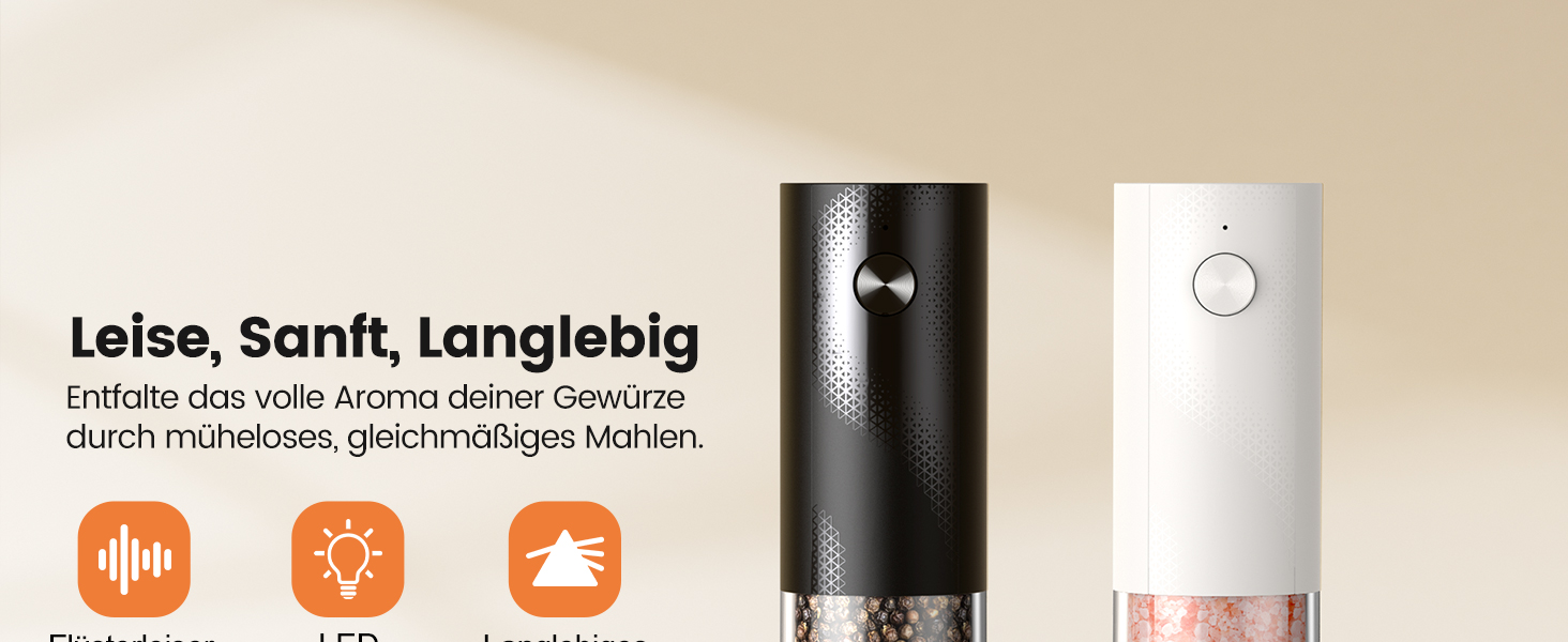 Електричні солі та перечні млини 2 шт. з USB-C зарядкою, регулюванням помелу, LED підсвіткою, керамічним жорном та підставкою – чорний/білий