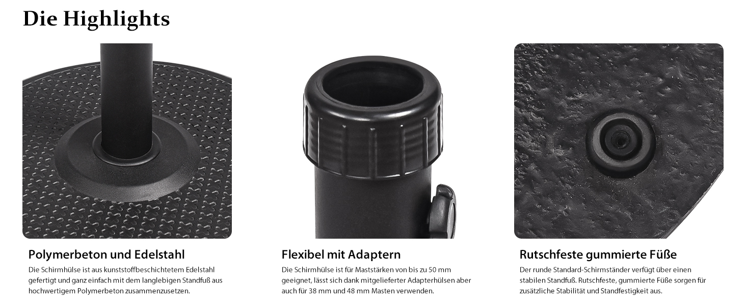 Підставка для парасольки Paramondo, кругла, срібна, з полімерного бетону, для масту діаметром до 50 мм, з адаптерними гільзами