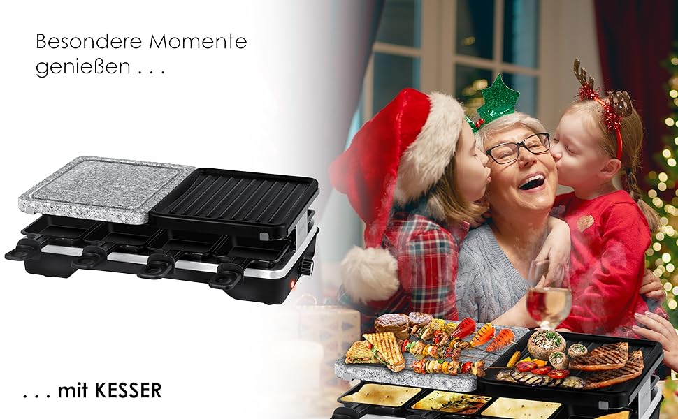 Електрогриль-ракулет KESSER® з натуральним каменем-грилем, для 8 осіб, з антипригарною поверхнею, 8 сковородочки та дерев'яні шпателі, 1200W, чорний