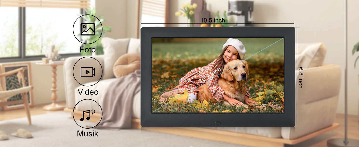 Цифровий фоторамка TSITSC 8.7 дюйма, IPS-дисплей 1024*768, календар, музика, фото/відео програвач, підтримка USB/SD, з пультом дистанційного керування (Чорний)