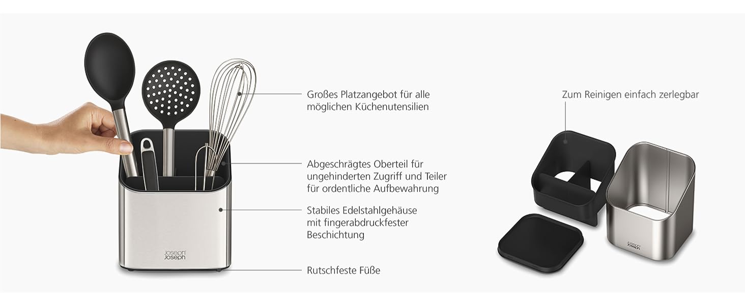 Підставка для кухонного інвентарю Joseph Joseph з нержавіючої сталі, сірого кольору, з роздільником та протиковзкими ніжками