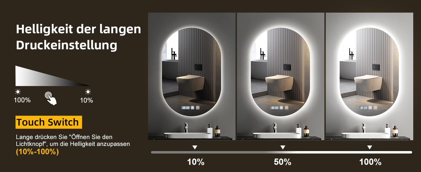 Дзеркало для ванної кімнати з підсвічуванням 50x70 см з підігрівом, годинником, LED, сенсорне управління, пам'ять, 3 кольори світла, регулювання яскравості