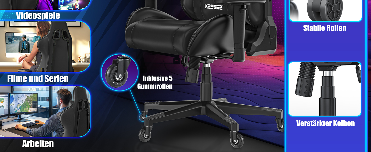 Крісло ігрове KESSER® Ergonomisch з підголівником та поперековою подушкою | Крісло для офісу, геймінгу | Макс. навантаження 150 кг | 360° | Чорний колір