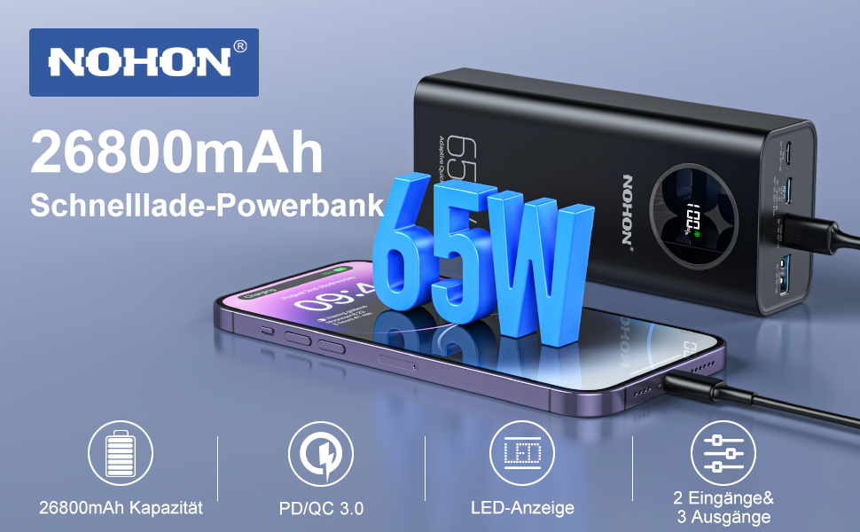 Power Bank NOHON 26800mAh: Швидка зарядка 65W USB-C PD/QC3.0 з LED дисплеєм, 4 порти, сумісний з iPhone, iPad, Samsung, Huawei