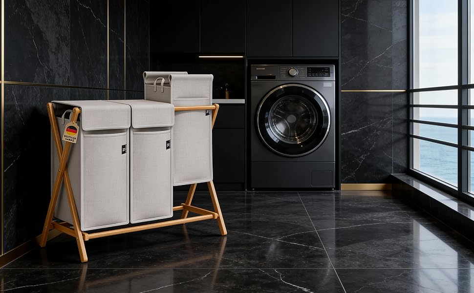 Кошик для білизни AdelDream з 3 відділеннями, 150л, бамбук, сірий - система сортування