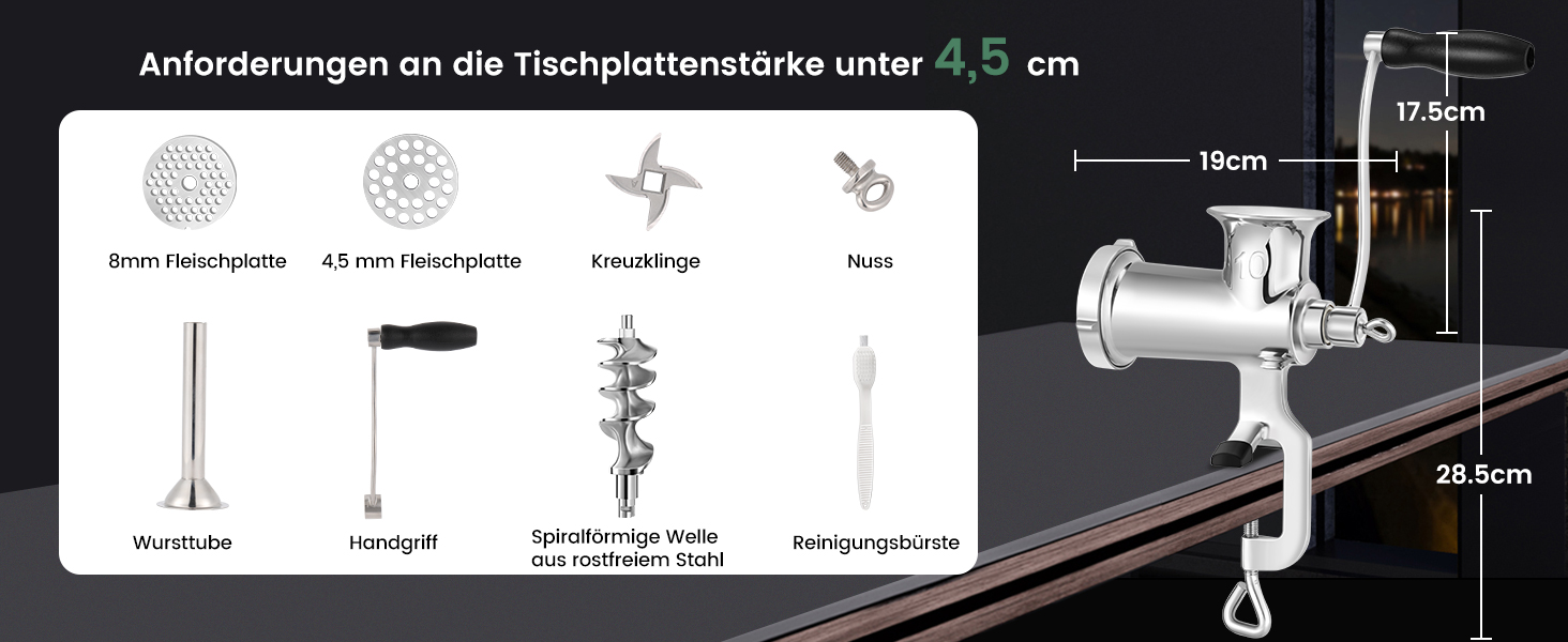 М'ясорубка ручна Huanyu з нержавіючої сталі та насадкою для ковбас, посудомийна, розмір 10