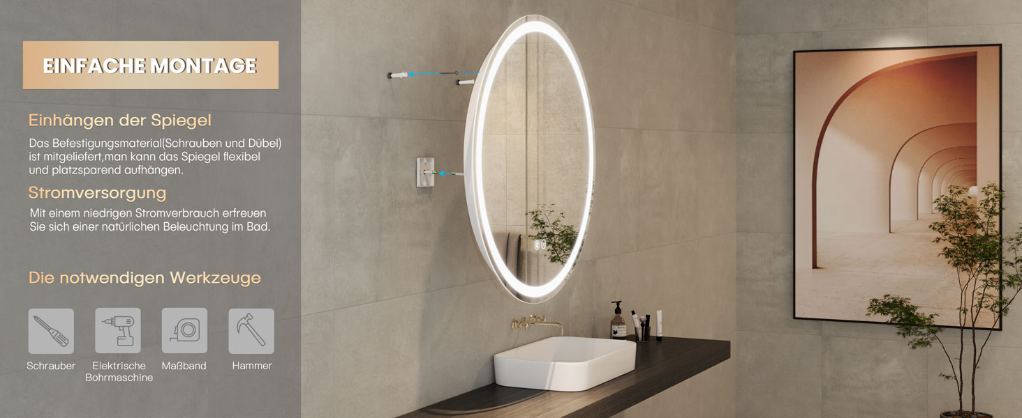 Дзеркало для ванної кімнати Dripex круглої форми з підсвічуванням LED, сенсорне керування, регулювання яскравості, 3 кольори світла, запобігання запотіванню, 50x50 см (Bluetooth, запобігання запотіванню, 3 кольори, регулювання яскравості)