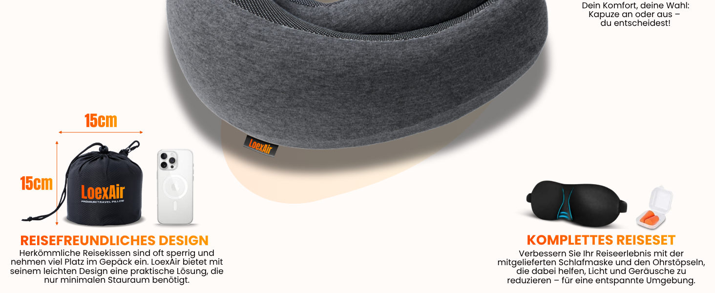 Подорожня подушка з капюшоном Hooded Pro з ефектом пам'яті для літака, авто та поїздок, бавовняна начіпка для сну, захист від світла, темно-сіра