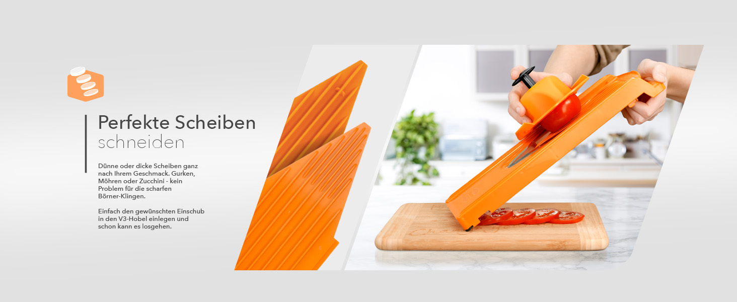 Набір Börner Gemüsehobel V3: V-овочерізалка для 5 видів нарізки, з нержавіючою сталею, з тримачем для фруктів, оранжевого кольору