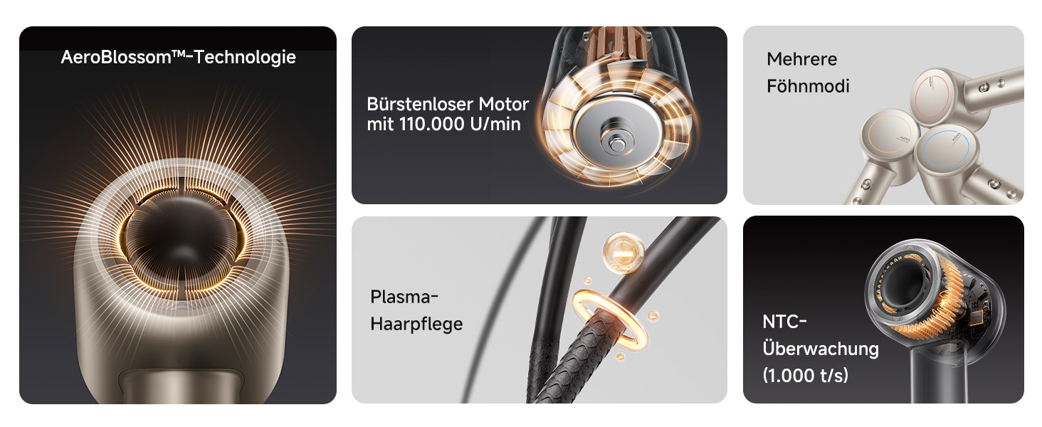 Фен для волосся MOVA Shine 10 Gold: безщітковий мотор 110 000 об/хв, плазмово-іонний догляд, NTC термоконтроль, з концентратором, для дому та салонів