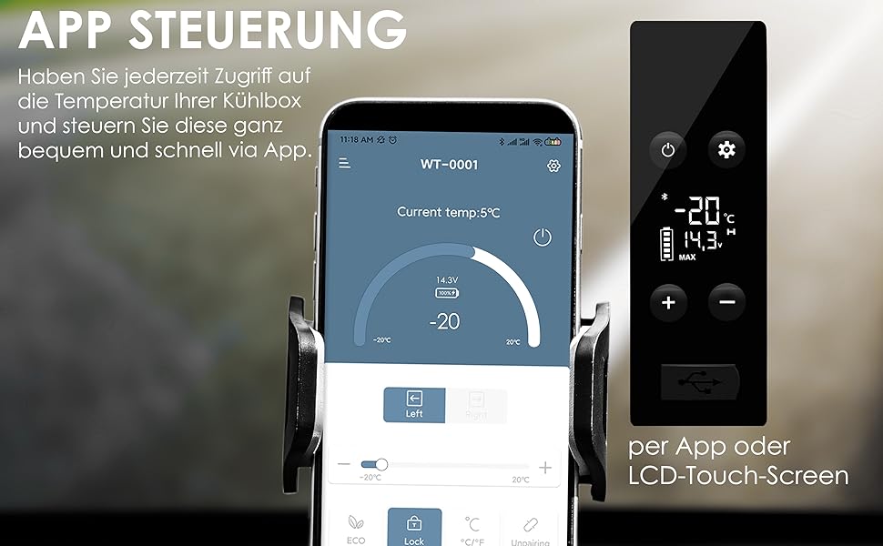 KESSER® Холодильник-морозильник компресорний 52 л з APP-керуванням, USB, 12/24/230V, телескопічна стійка, 2 колеса, охолодження до -20°C для авто, вантажівки, човна