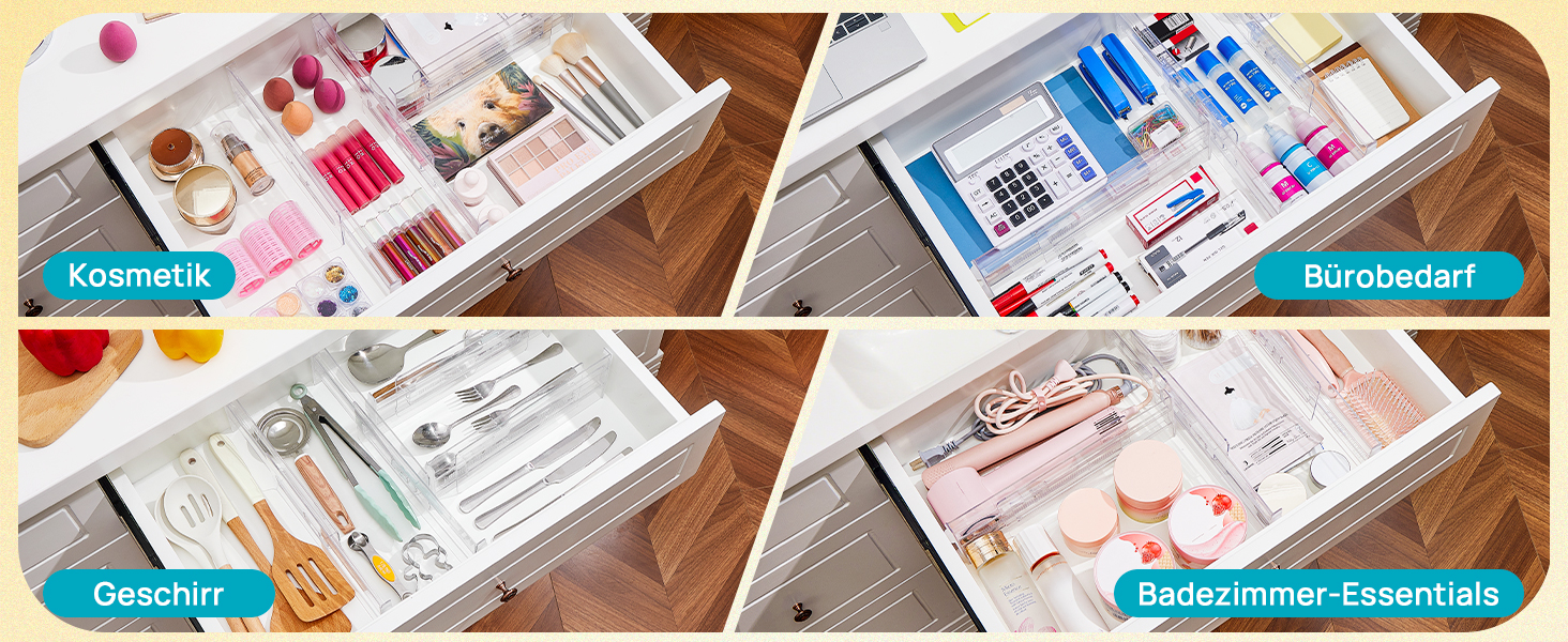 Організатори для шухляд Vtopmart (8 шт.) - регульовані, прозорі, 25.6-41.6 см