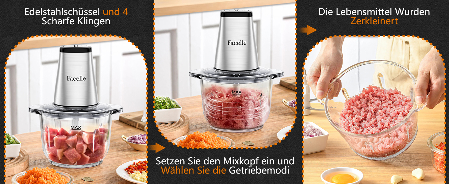 Електричний подрібнювач для кухні Facelle: м'ясорубка, подрібнювач 2L, кухонний комбайн 500W зі скляною чашею та 4 лезами для м'яса, овочів, фруктів, горіхів, дитячого харчування