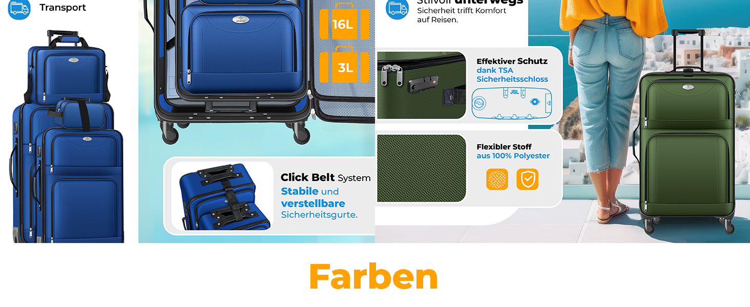 Набір валіз KESSER® 4-в-1: чорний дорожній набір з TSA-замком, 360° колесами та телескопічною ручкою | Чемодан, сумка для косметики, ручна поклажа, велика валіза для подорожей та бізнесу