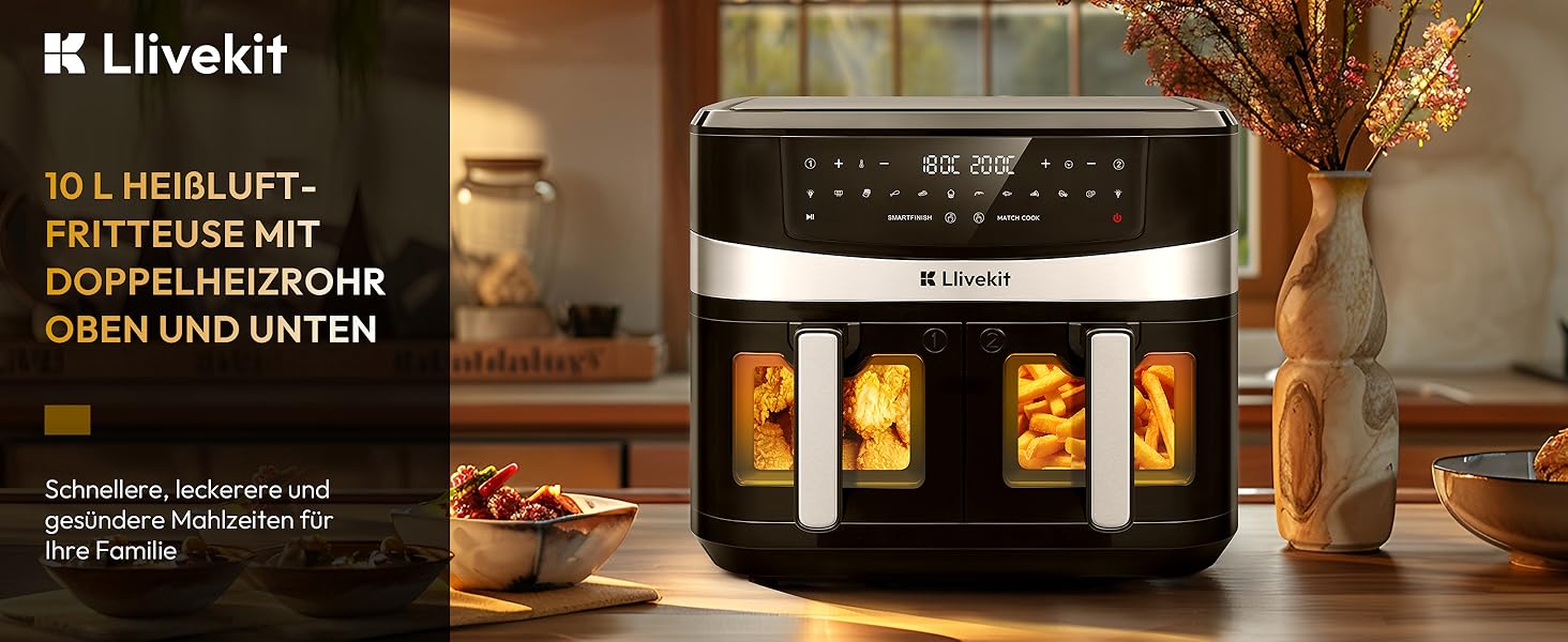 Аерофритюрниця LLIVEKIT з двома камерами 2x4,5л (10л), 8 програм, 4D конвекція, функція Sync-Finish, чорна