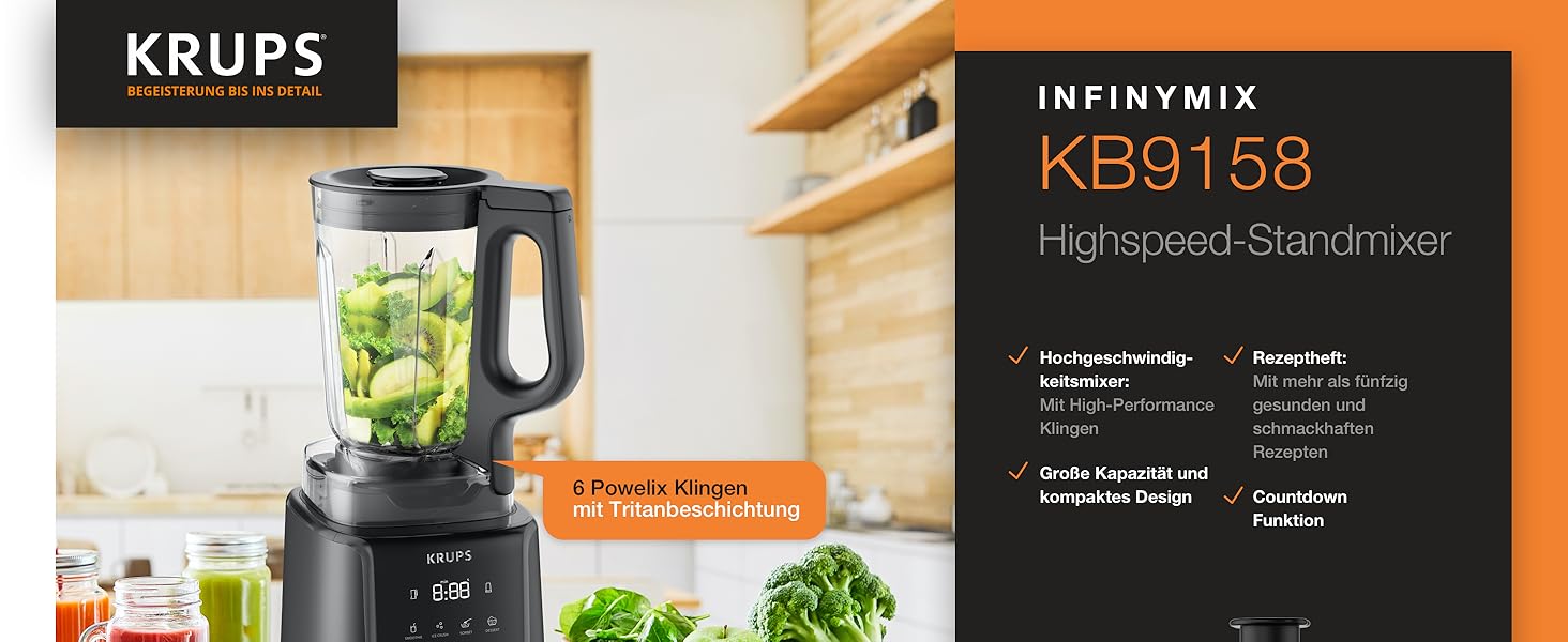 Блендер Krups InfinyMix KB9158 Highspeed 1600 Вт, чорний металік: професійний блендер для смузі, коктейлів, крихти льоду з тритановим глечиком та рецептами