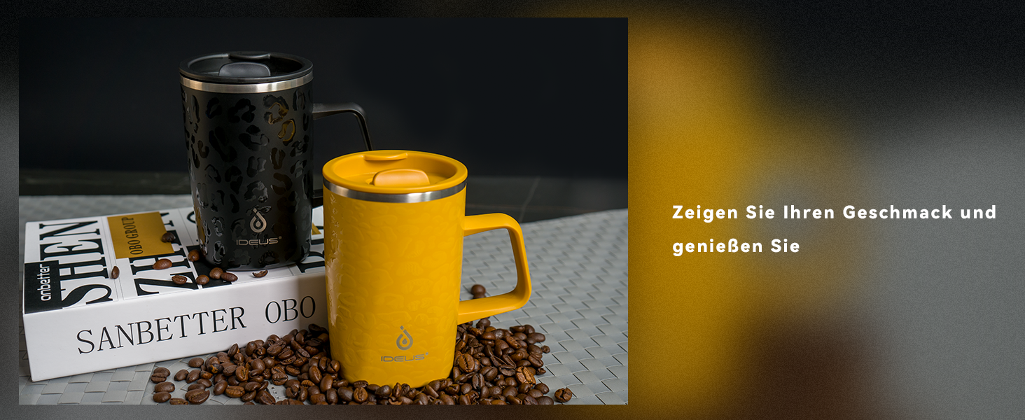 Кружка для кави та чаю Ideus® 470 мл з подвійними стінками, з нержавіючої сталі, з антиковзним руків'ям та кришкою-модулем, великий об'єм (Червоно-зебра)