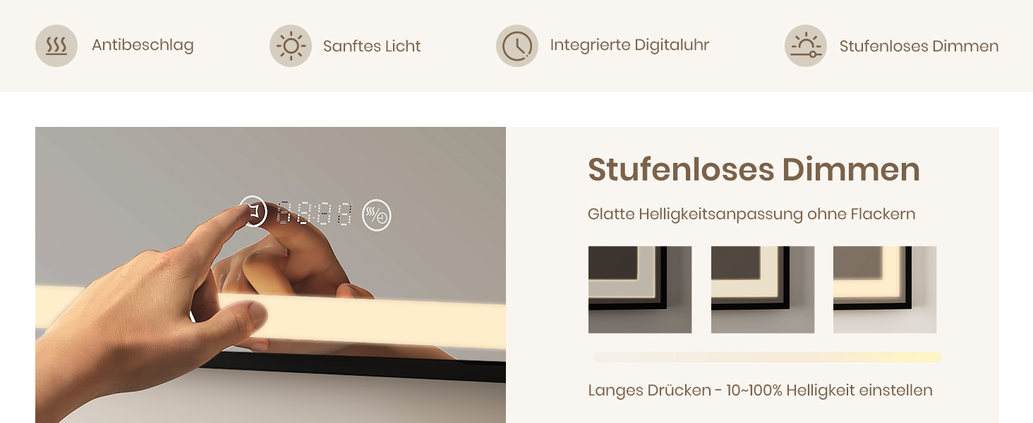 Дзеркало для ванної кімнати EMKE з підсвіткою 70x50 см, чорне, з сенсорним керуванням, регулюванням яскравості, протитуманним покриттям, годинником, функцією пам'яті та нейтральним світлом 4300K, енергозберігаюче, вологостійке (IP44)