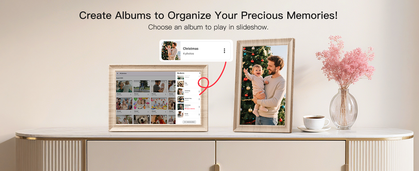 Frameo Цифровий фоторамка 10.1 дюймів, HD 1280*800 IPS сенсорний екран, 32GB пам'ять, автоповорот, Frameo App для обміну фото та відео, білий дерев'яний масив