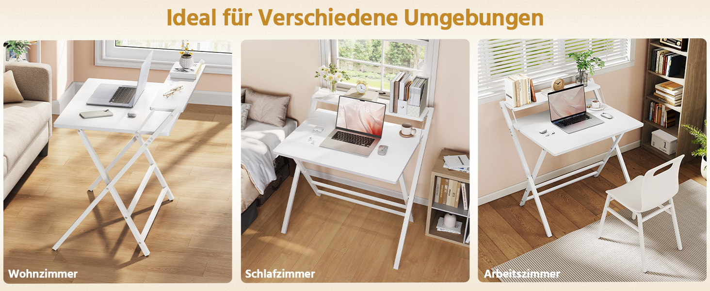 Складний стіл Yaheetech 80 см для комп'ютера з полицею, двоступінчастий робочий стіл з підставкою для монітора, стіл для ноутбука для дому/невеликих кімнат/вітальні, білий, 80 см x 50 см, 86.5x60.5x90 см