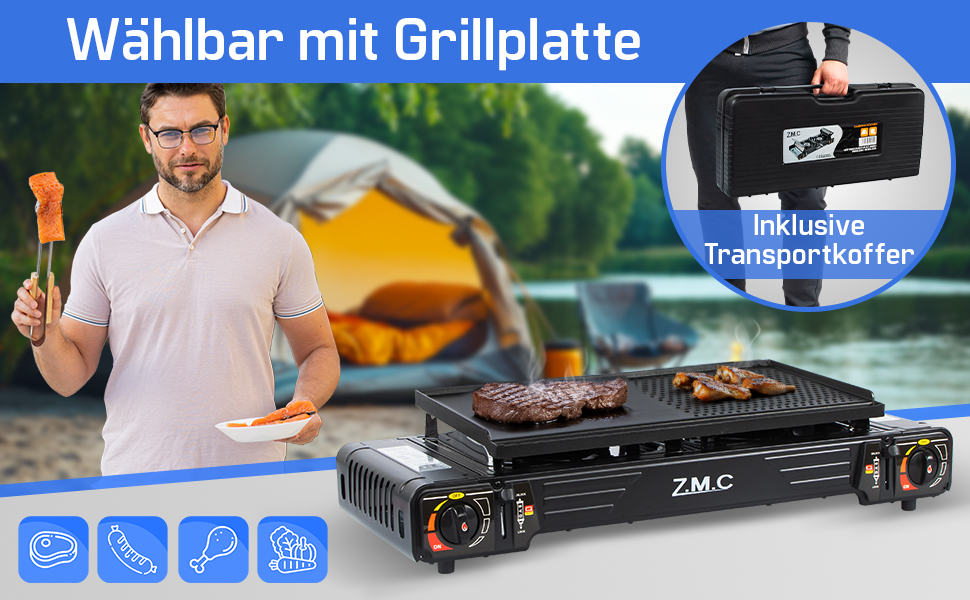 Преміум туристичний газовий набір ZMC: 2-конфортний газовий нагрівач 2,5 кВт з Piezo-запалюванням та валіза для транспортування | Для кемпінгу, балкону та дому | Включає гриль-плиту 45×24 см та газові картриджі 227г
